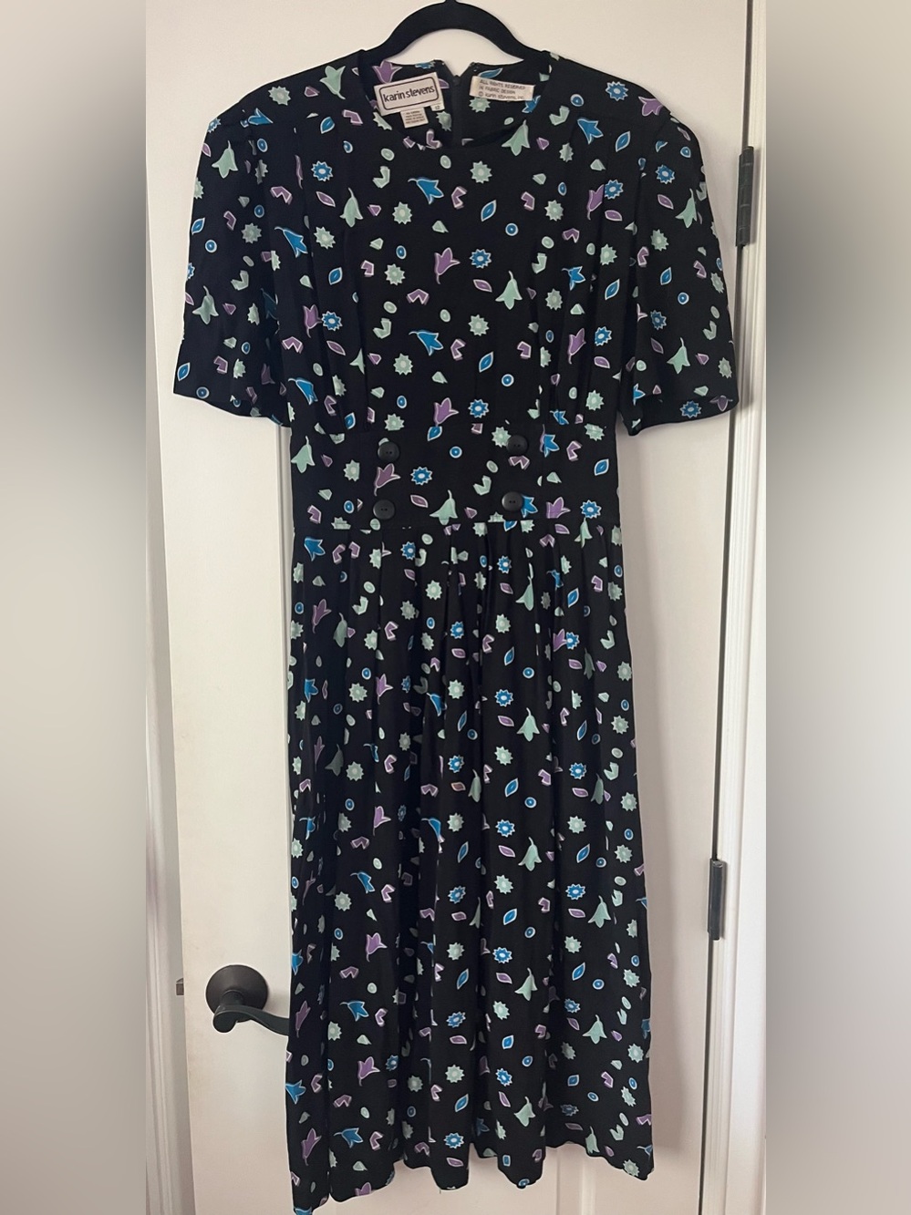 karin stevens Black Dress with Mint, Sky Blue & Lavender Floral Print